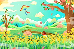 卡通可爱人物春夏出游田园风光插画