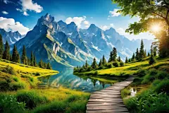 山峰云朵艺术草坪植物山川美景插画图片