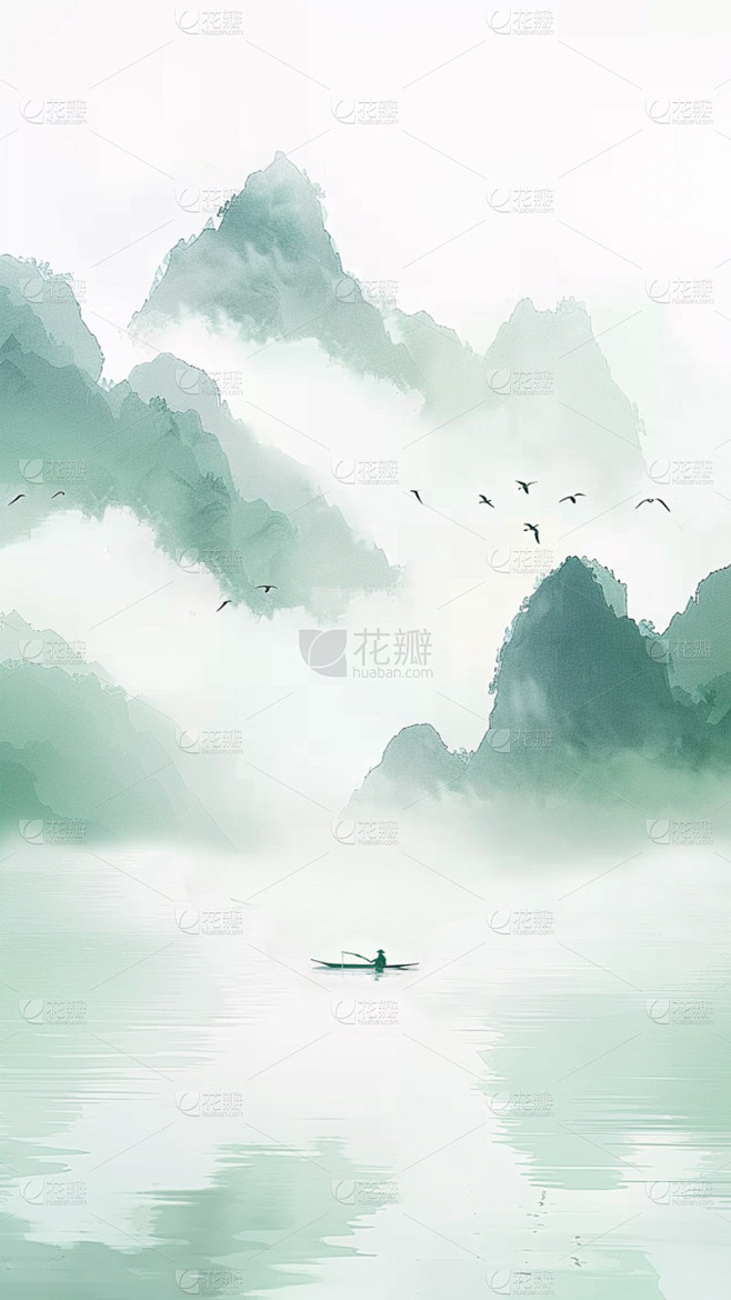 中国风通用春绿色古风山水云雾意境竖版图片...