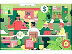 员工福利 adobe character design desks 编辑插图 fortune green illustration illustrator line muti noise office office life pink plants texture vector wifi work