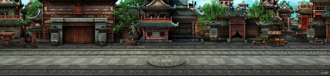 城里场景，中国风写实游戏风格。_CGwa...