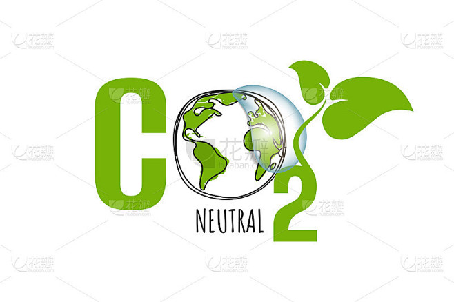 碳中性绿色标志，标志，图标，邮票，生态贴纸。植物与CO2字和3d水滴孤立在白色背景。矢量图