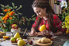 梳着脏辫的漂亮年轻女子在笔记本上写字。秋桌上放着花。秋意浪漫心情