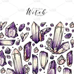 手绘晶体簇。向量组成。矿产插图。紫水晶或石英石。天然宝石。地质组。用于装饰，万圣节海报设计，婚礼，女