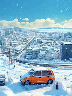 在雪中汽车动态城市海报