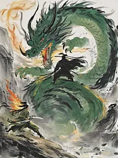 战士大战巨龙中国风水墨画插图奇域ai关键词咒语