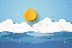 海景，蓝色的大海，有鸟群，云和太阳，纸艺术风格