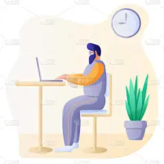 平面矢量图解。有胡子的年轻人坐在办公桌前，在笔记本电脑上工作。隔离期间在家远程工作或学习的概念。舒适