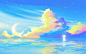 唯美插画手绘星空云彩云朵大海风景背景治愈月亮天空蓝天唯美风景