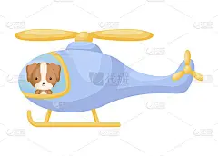 可爱的小狗驾驶蓝色直升机。卡通人物为儿童书籍，相册，婴儿淋浴，贺卡，派对邀请，房子内部。矢量插图。