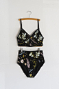 ‘Desert Floral’ Bralette and Underwear in Pale Pink, Mint Blue and Yellow Ochre on Black Handmade and hand printed on organic cotton jersey. The bra straps are adjustable and the metal slider and rings are polished brass for an elegant look. The high wais