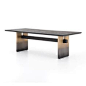 Size: 94" W x 42" D x 30" H Materials: Iron,Oak Color: Ombre Antique Brass,Worn Black Oak Weight: 207.9lb Lead Time: 3-5 Weeks  Wide, plank-style legs of brass-finished stainless steel feature an ombre pattern for eye-catching effect, with 