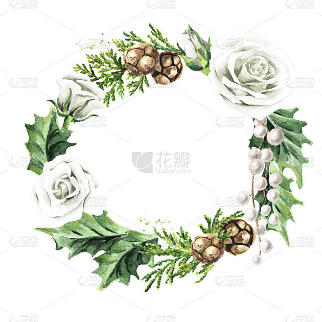 冬天的婚礼花束，花环。手绘水彩插图孤立在...