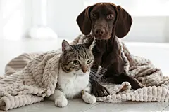 点击来源直接获取大图文件 |Adorable cat and dog together under plaid on floor indoors