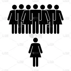 女商人站在企业团队的对立面领导力隐喻。在白色背景上孤立的现代平面黑色样式矢量图解。避免使用人群概念 