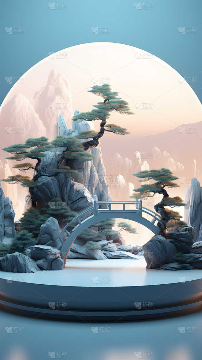通用电商国风自然山树风景展台场景背景