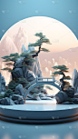 通用电商国风自然山树风景展台场景背景