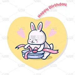 一张贺卡，上面有一只可爱的兔子在打开生日礼物。