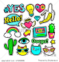 Fashion patch badges with lips, hearts, speech bubbles, stars and other elements. Vector illustration isolated on white background. Set of stickers, pins, patches in cartoon 80s-90s comic style.