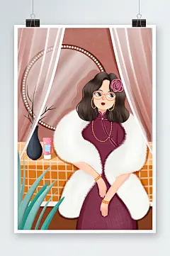 紫色系扁平风旗袍女插画-众图网