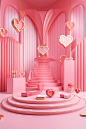 3d rendering of pink room with heart shaped floor with colorful decorations, in the style of lee broom, ornamental structures, monochromatic, carl kleiner, golden hues, multilayered, pop-inspired