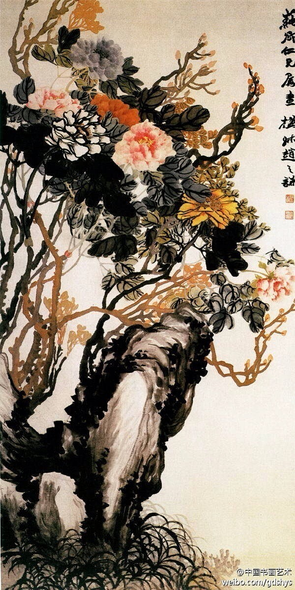 【 清 赵之谦《牡丹图》】 此幅湖石钩勒...