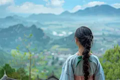郊外旅游阳光女孩背影