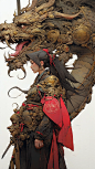 Dynamic Dragon-Samurai-Egyptian Empress wearing hyperdetailed dragon armor, ancient artifacts embedded in the armor, in the style of Mandy Jurgens, Jon Foster, Gediminas Pranckevicius, Moebius, Russ Mills, Carne Griffiths, torn paper, bold strokes oil pai