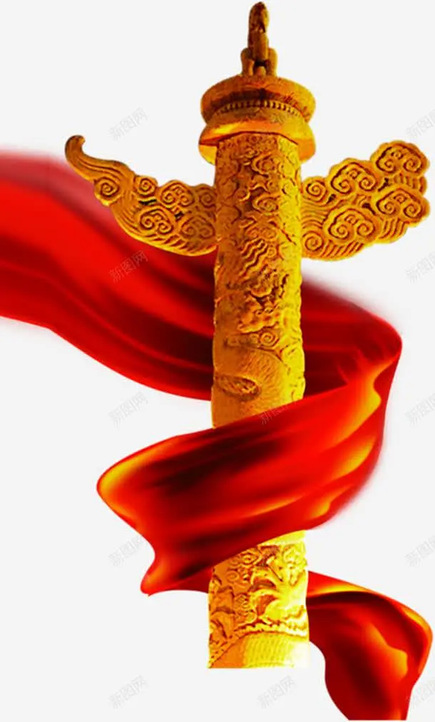 金黄色华表红色丝带 创意素材
