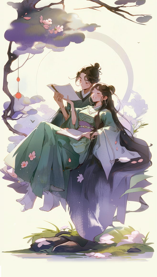 七夕节祝福肌理国风插画全屏竖版海报_设计...