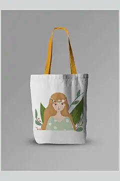 女孩手绘叶子抽绳袋图案展示样机-众图网
