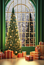 3d scene with christmas tree, presents and some windows, in the style of kitsch aesthetic, green and gold, vray, hallyu, , sigma 85mm f/1.4 dg hsm art, bold color usage