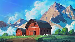 远山小屋手绘 【酷图网】远山小屋手绘,壁纸,桌面,屏保图,手绘风景图,蓝天,树木,房子,山头
