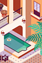 A collection of illustrations with a focus on environments in both flat and isometric views. graphic design home with pool