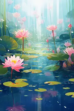 夏季荷塘荷花池风景的插画