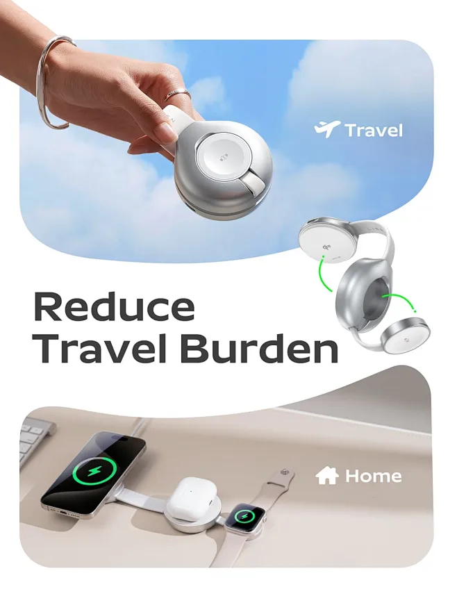 3-in-1 draadloos laadstation voor Mag-Safe, opvouwbare verstelbare magnetische draadloze oplader, reisoplader met licht voor iPhone 15/14/13/12-serie, AirPods 3/2/Pro, Apple Watch