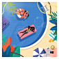 圆形泳池 水上漂浮 俯瞰视角 夏季度假 手绘插画设计AI