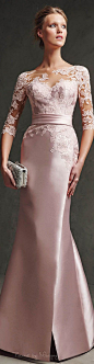 #motherofthebride - Lovely rose colored mother of the bride dress with sheer lace sleeves. The haute couture 3/4 sleeve evening gown can be made to order by our US dress design firm at an affordable cost. We specialize in replicas and inexpensive custom f