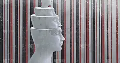 概念神秘艺术，梦生活思维脑选择与心理概念艺术，超现实人头插画，现代绘画，极简风格