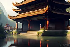 古代园林局部建筑原画插图