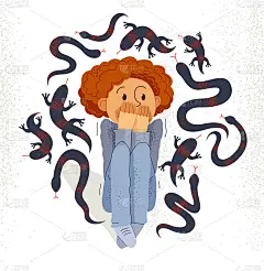 爬虫恐惧症以蛇和蜥蜴为恐惧载体的插画，男孩在想象中被爬行动物包围，陷入恐慌和恐惧，心理健康概念。