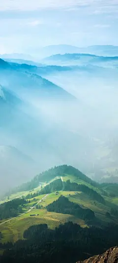 高山 小路 房子 树林 雾 风景 高清 手机壁纸