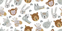 无缝幼稚图案与有趣的动物的脸。创意斯堪的纳维亚儿童纹理面料，包装，纺织品，壁纸，服装。矢量图
