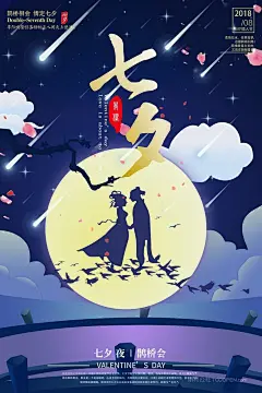 蓝色牛郎织女鹊桥相会七夕情人节海报