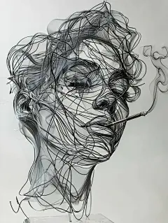 创意手绘逼真女孩模特抽烟金属丝复杂线条交织雕塑艺术插图海报midjourney关键词咒语-Ai宇宙吧-