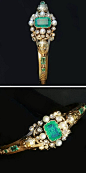 Antique Emerald Diamonds & Pearls Gold Bangle by Bapst & Falize  - Circa 1860-1870