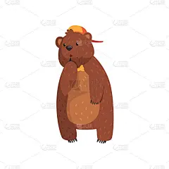 带着沉思表情的野熊。卡通森林动物在帽子和领结。灰熊，棕色皮毛，小耳朵和爪子。平面矢量贴纸，打印，海报