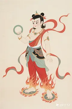 古风工笔画，西游记古风人物，哪吒三太子，手拿圆圈，脚底风火轮，新国风插画，简单背景，古风，全身立绘，比例 「2_3」