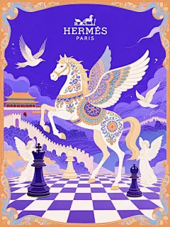 一幅充满奇幻色彩的插画，采用复古艺术风格，类似于20世纪初的海报设计。画面中心是一匹装饰华丽的飞马，带有翅膀和复杂的花纹，周围环绕着各种神话生物，如国两颗际象棋棋子、飞鸟和天使。背景中融入了中国的标志性建筑，如故宫，长城等。画面下方是棋盘格图案的地面，增添了一种梦幻般的氛围。整体色调明亮，使用了大量的蓝色、酒红色和白色，营造出一种既古典又现代的视觉效果。上方留白，爱马仕logo，文字：“HERMES”，小字：“PARIS”，边框，适合用于高端品牌的宣传海报或艺术收藏品