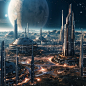 A colony on a terraformed exoplanet, with towering skyscrapers and flying vehicles visible against a backdrop of distant stars. Camera settings: Aperture f/8, Shutter speed 1/500, ISO 400, 2.35:1 aspect ratio. on